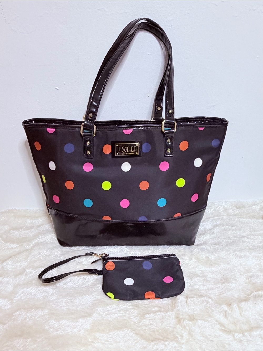 Lulu Polka Dot Black Tote Bag with Wristlet